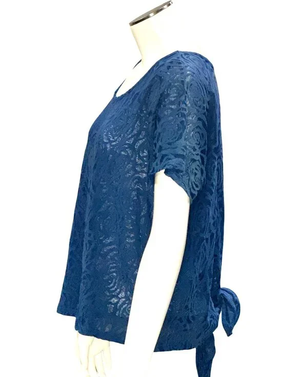 Forever 21 Large Blue Burnout Rose Tie Back Short Sleeve Top Casual Feminine Y2K - Picture 3 of 12